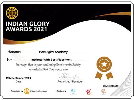 Max Digital Academy got Institute with best placement award in sep 2021